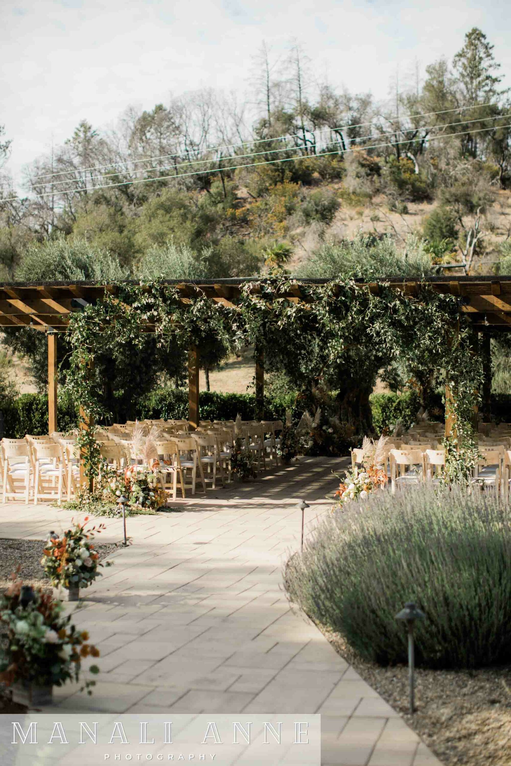 Fall wedding ceremony set-up at Chateau St. Jean Winery, Kenwood, CA