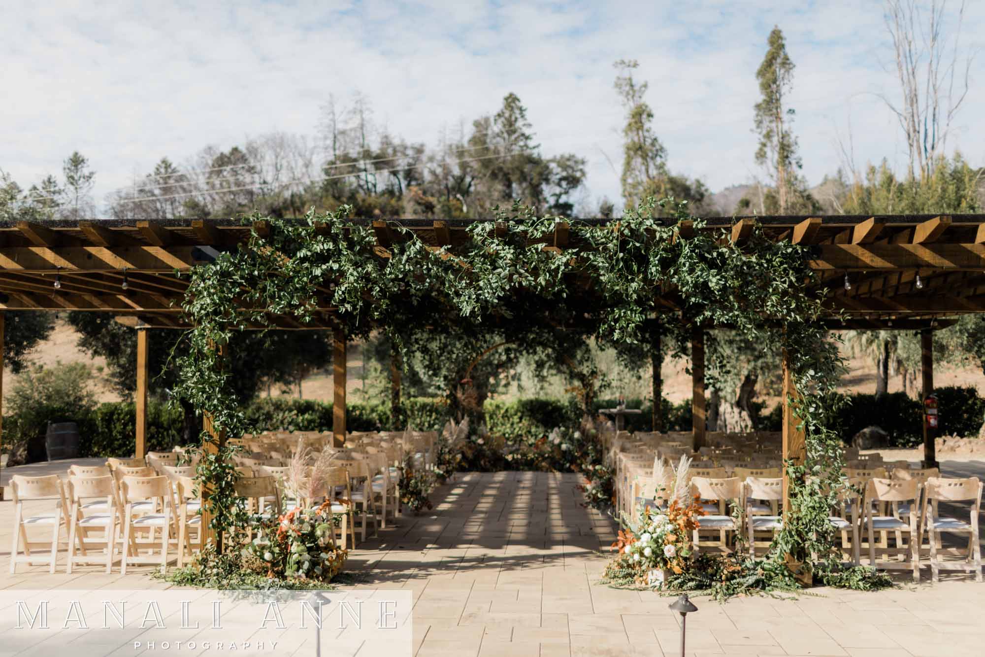 Fall wedding ceremony set-up at Chateau St. Jean Winery, Kenwood, CA