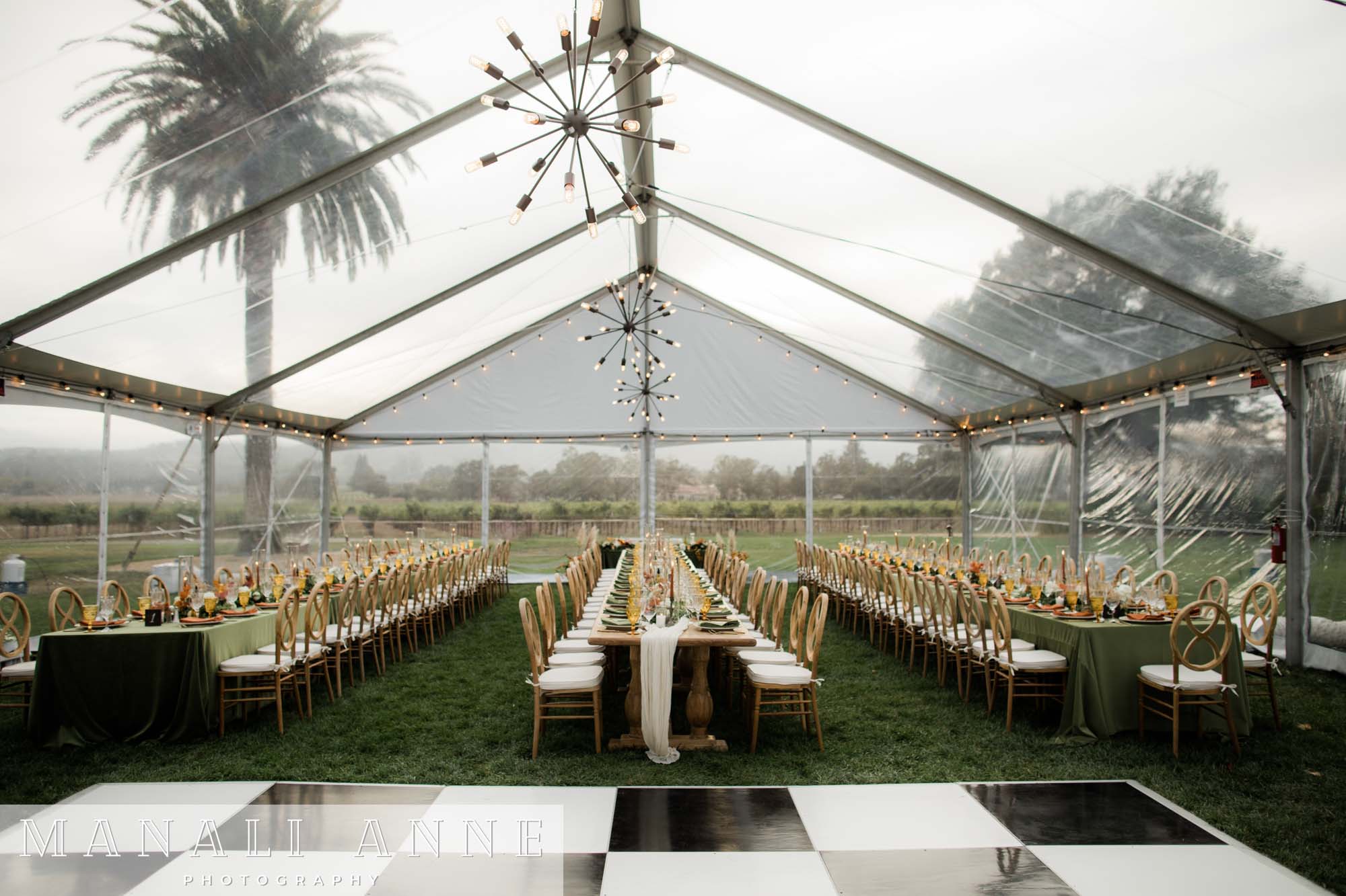 Outdoor reception at Chateau St. Jean Winery, Kenwood, CA on a rainy day, Rental tent for wedding reception ideas