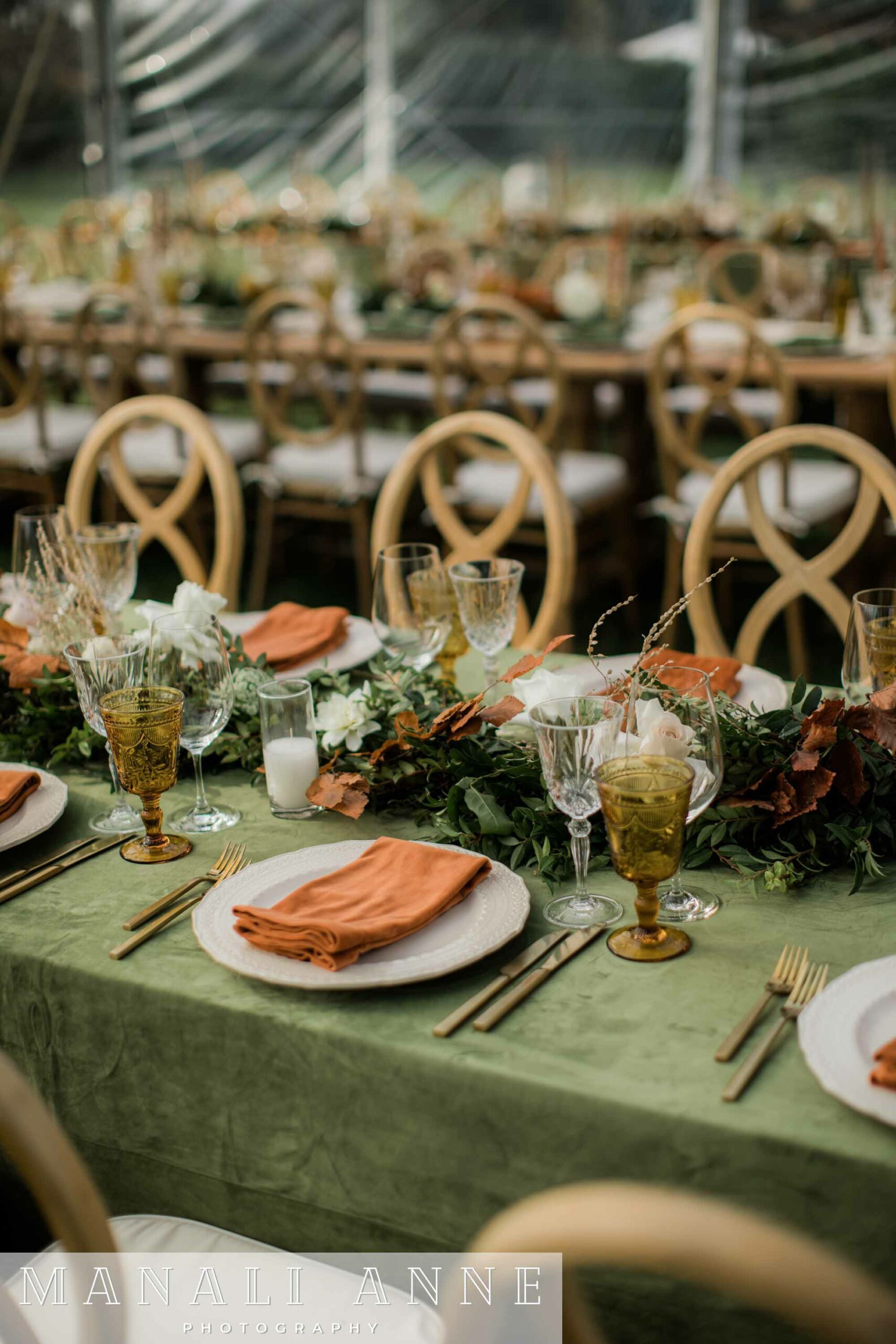 Gorgeous fall wedding table set-up at Chateau St. Jean Winery, Kenwood, CA