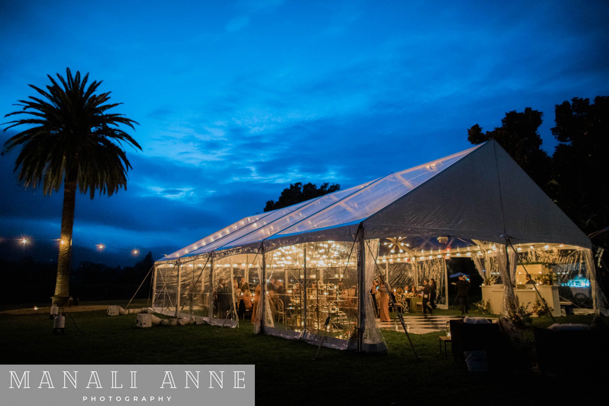 Rental tent at Chateau St. Jean Winery, Kenwood, CA, Chateau St. Jean Winery at dusk