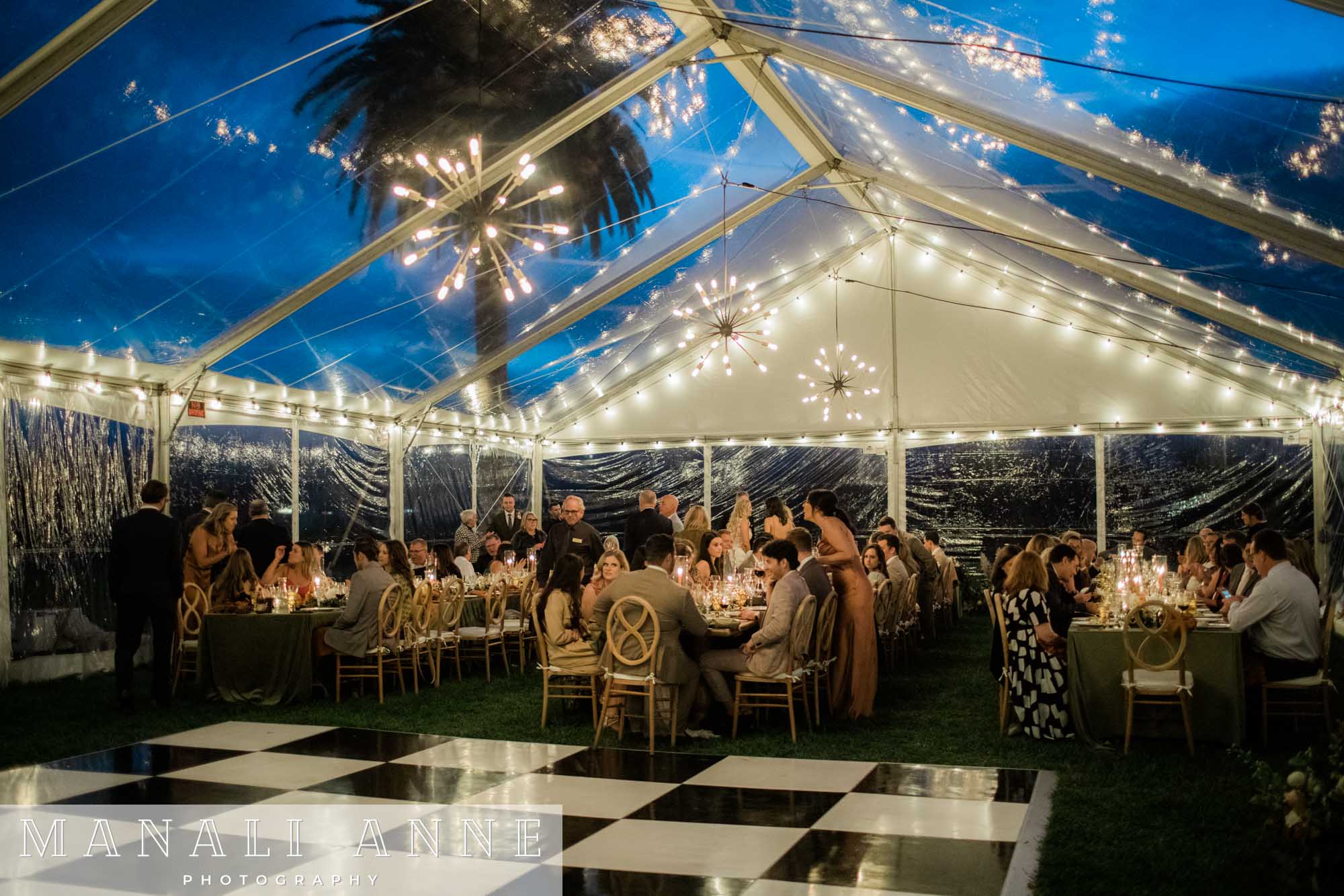 Rental tent at Chateau St. Jean Winery, Kenwood, CA, Chateau St. Jean Winery at dusk