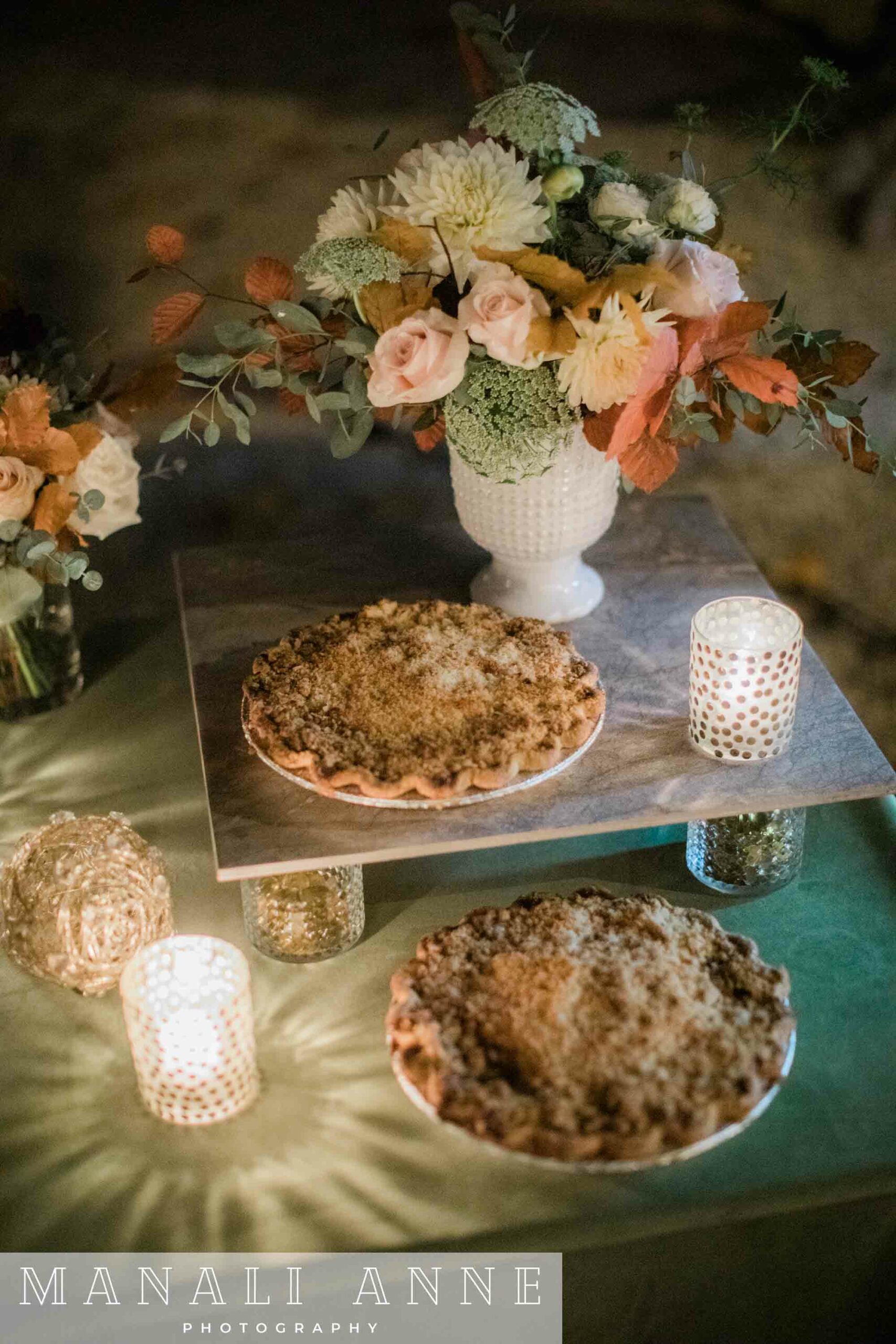 Desert table at at fall wedding in Chateau St. Jean Winery, Kenwood, CA