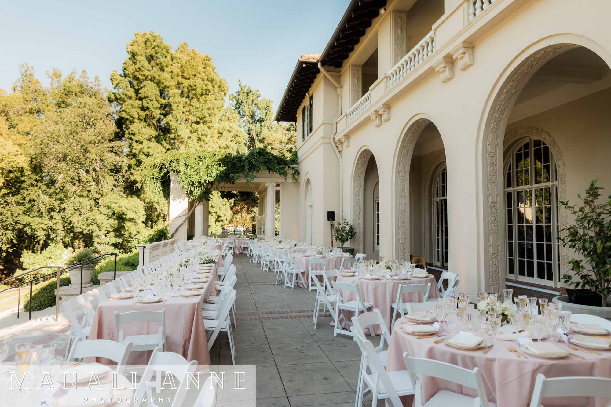 Montalvo Arts Center Wedding dinner table set up on veranda/balcony